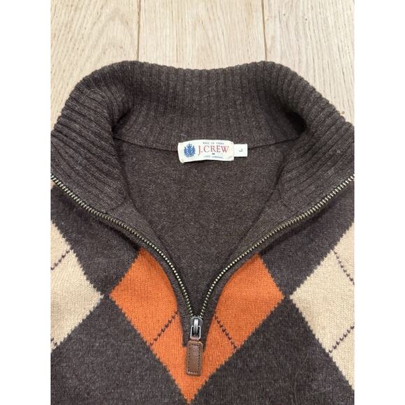 J Crew 100% Lambswool Academic Argyle Collared Half Zip Sweater Sz L Brown - Picture 4 of 9